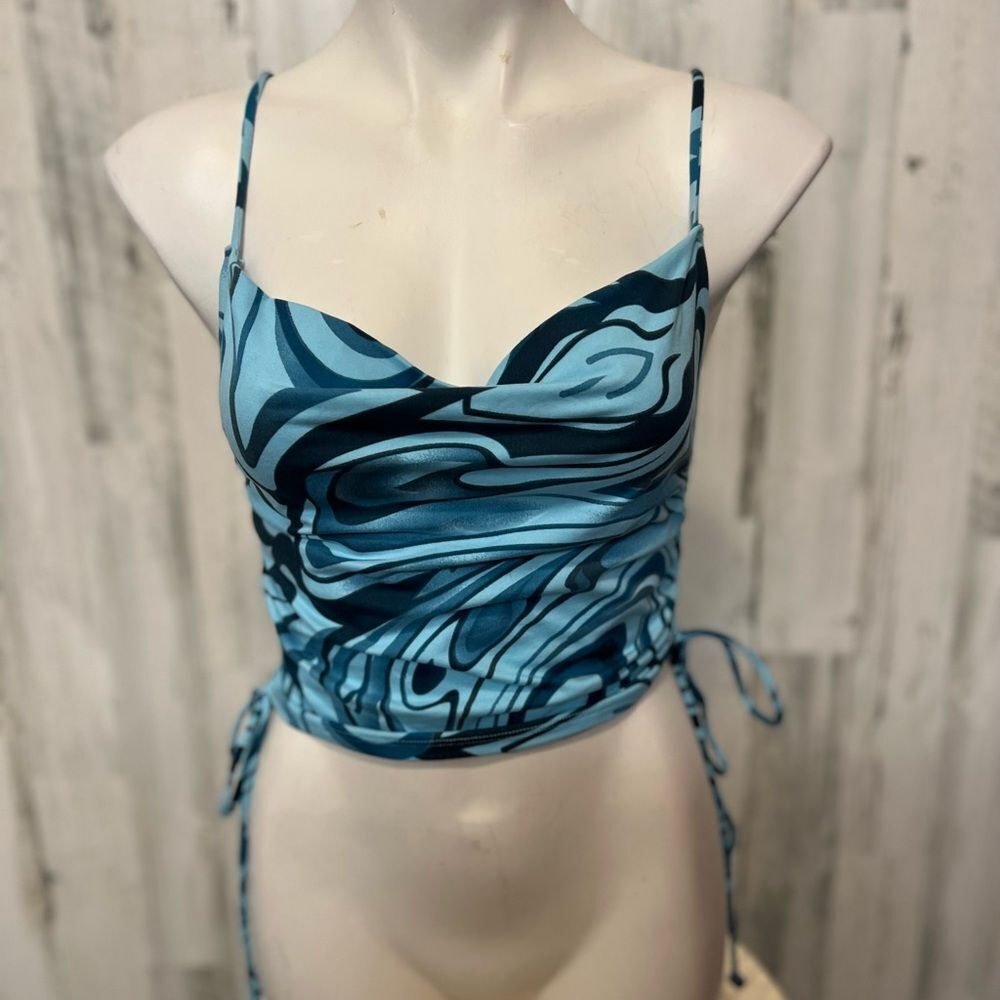 Papaya Blue Abstract Swirl Ruched Side Crop Top Women’s Large
